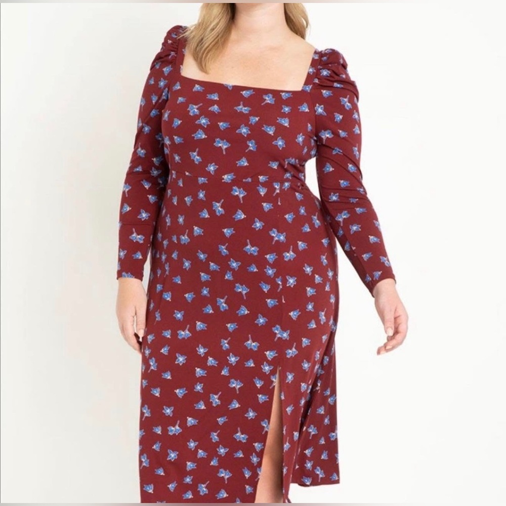 Eloquii Burgundy and Blue Floral Long Sleeve Dress